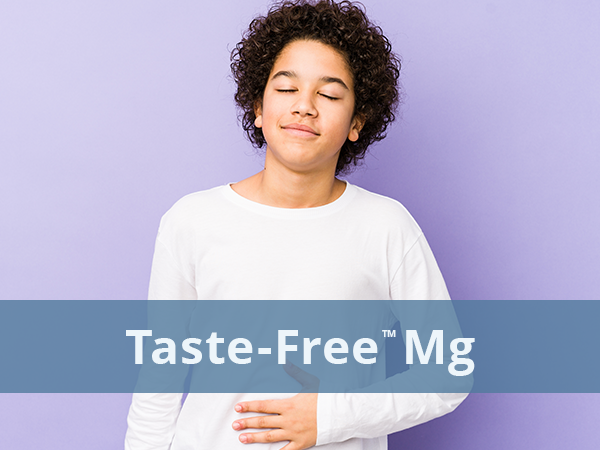 Taste-Free Magnesium (Mg) man rubbing his stomach with Taste-Free Magnesium (Mg) overlay written text.