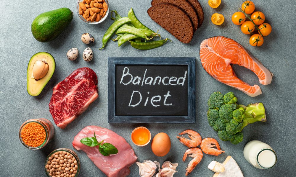 balanced diet sign with veggies and raw meat (healthy food options)