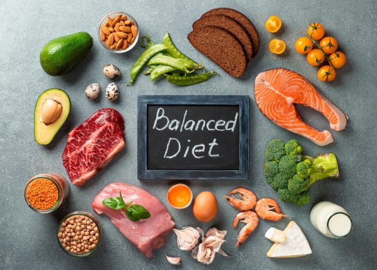 balanced diet sign with veggies and raw meat (healthy food options)