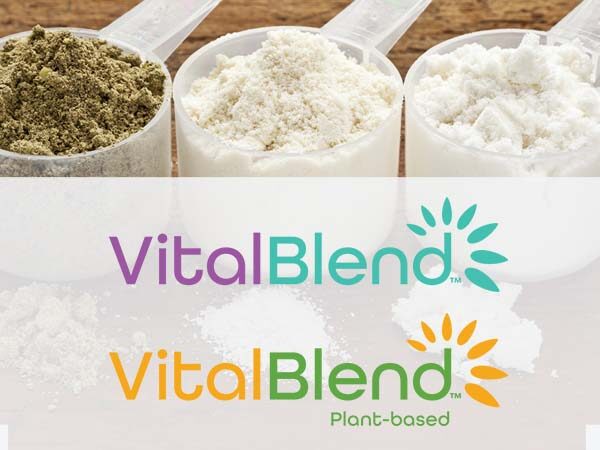 VitalBlend Logo with Powder Scoops in Background
