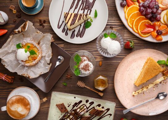 Various deserts set on a table bakery options