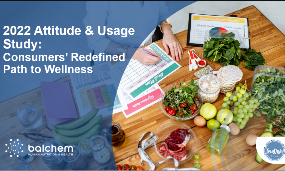 2022 Attitude and Usage Study: Consumer' Redefined Path to Wellness above a table with food and a person writing