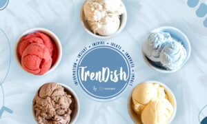 Trendish Ice Cream with 5 cups of different colored ice cream around the logo