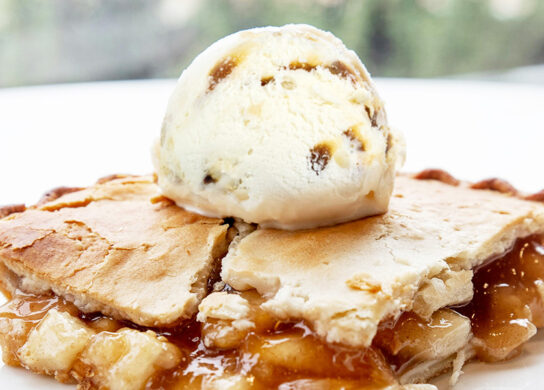 image of apple pie with Caramel Apple Pie ice cream on top
