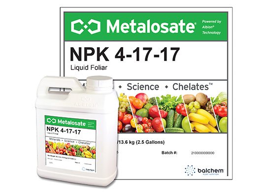 Metalosate NPK contains amino acid complexed minerals for optimal plant nutrition.