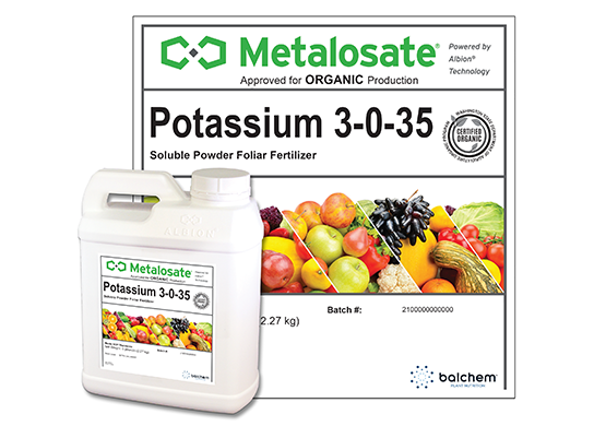 Metalosate Potassium contains amino acid complexed nutrients in a foliar fertilizer to maximize plant nutrition.
