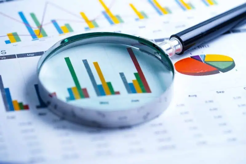 Magnifying glass on colorful financial charts and report.