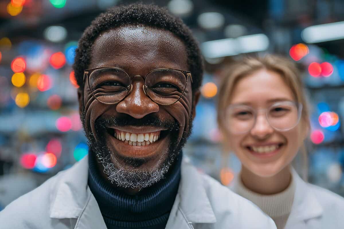 Researchers In A Lab, Along With Happy People, Are Reviewing Medical Experiment Results For Cancer Treatment, Conducting Research, And Analyzing Data Two scientists in lab coats in a high-tech laboratory, symbolizing innovation and collaboration in new product development.