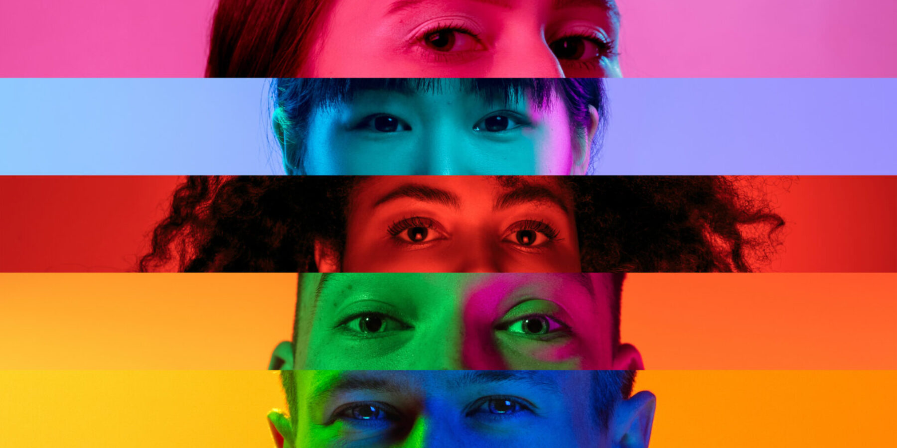 Five vibrant, colorful faces in eye-catching collage.