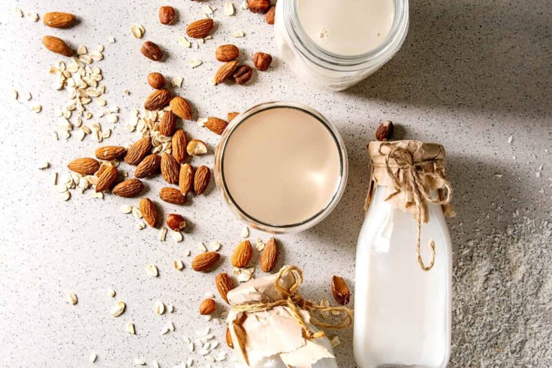 Variety of non-dairy vegan plant-based powder milk.