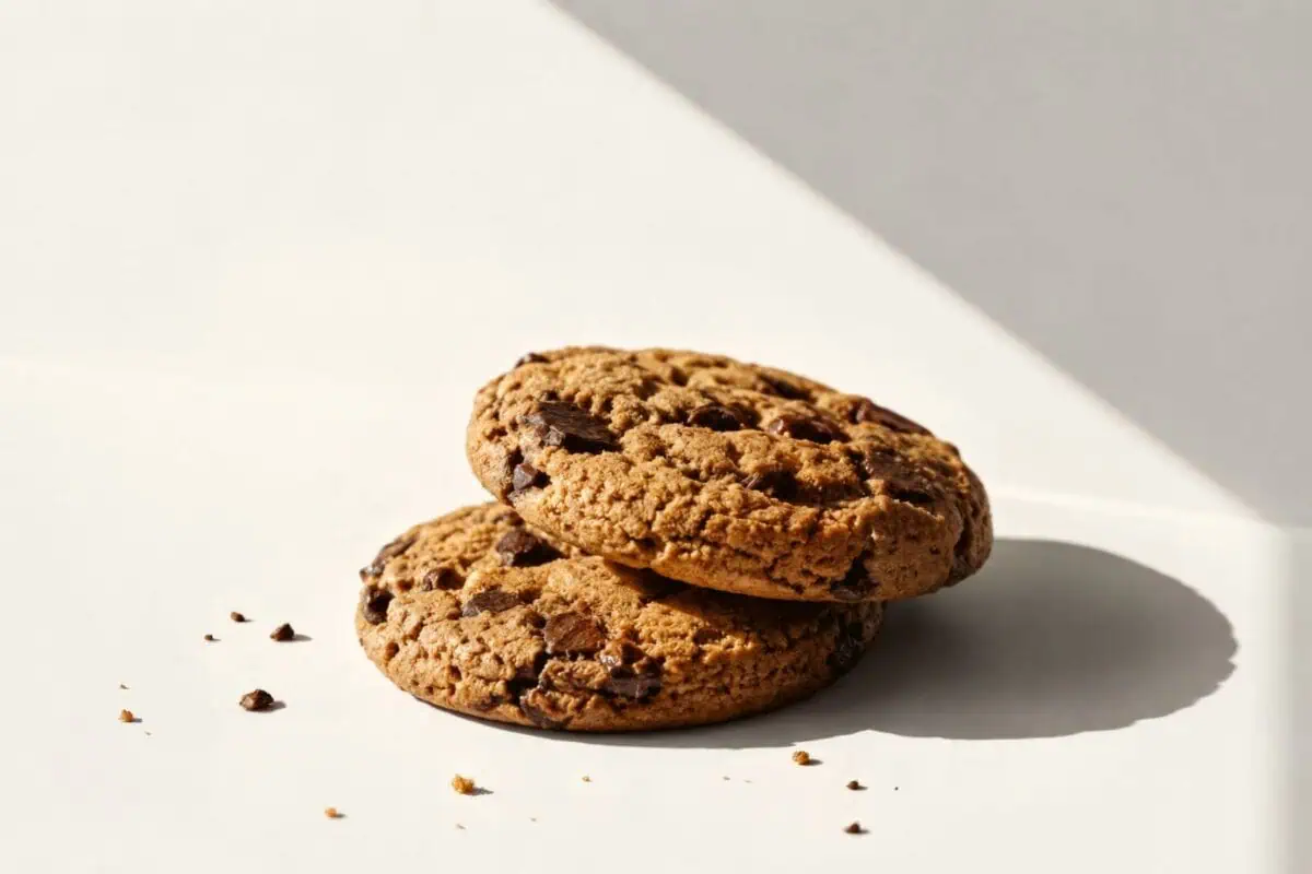 image of two chocolate chip cookies stacked