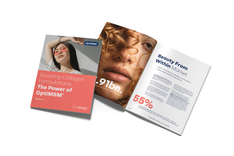 A two-page brochure layout focused on MSM and collagen. The left page, branded with the Bergstrom Nutrition logo, is titled "Boosting Collagen Formulations: The Power of OptiMSM." The right page, titled "Beauty From Within Market," highlights a "55%" statistic in red and discusses market trends related to MSM and collagen.