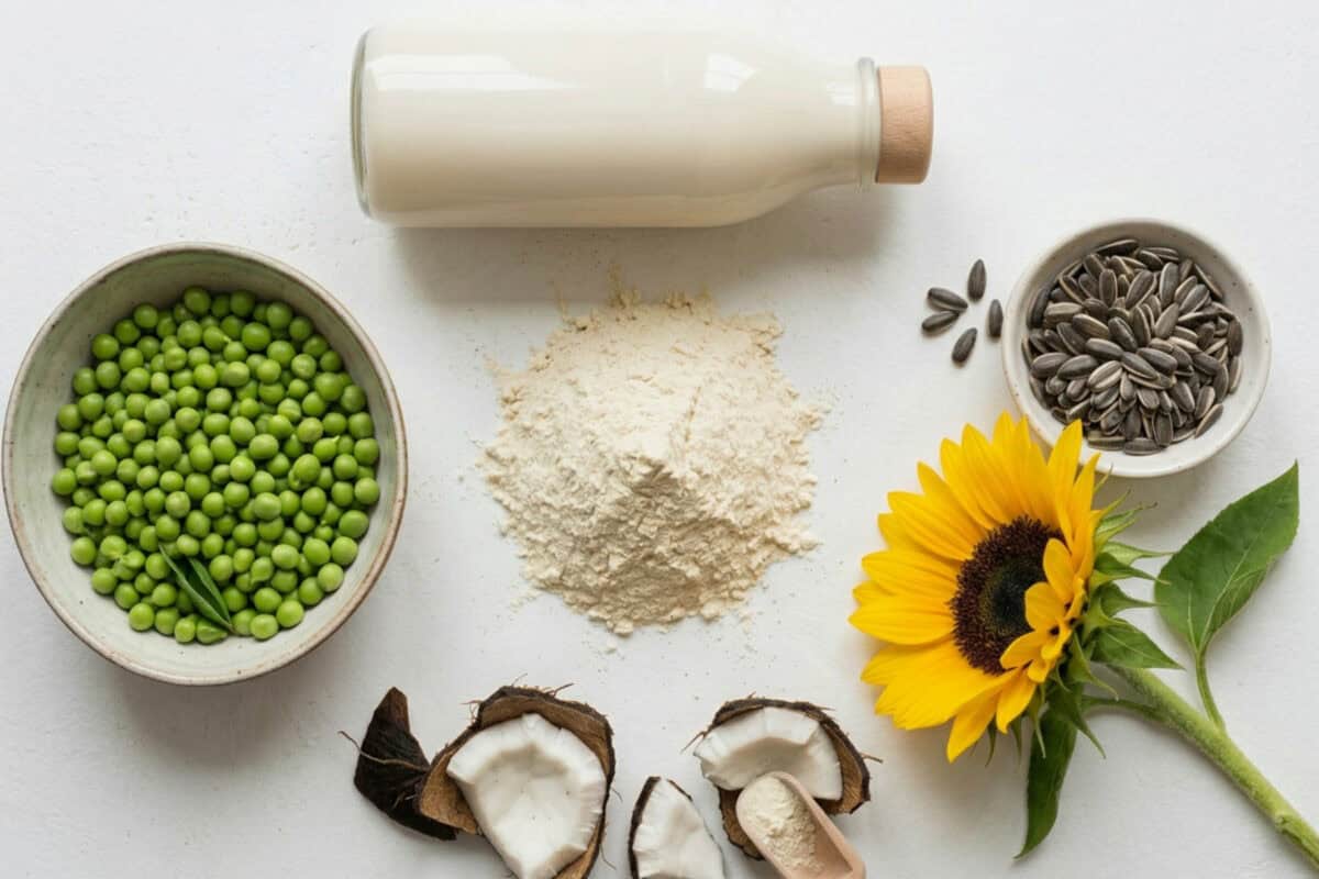 Image of plant-based powders with a sunflower, milk, peas, and coconut