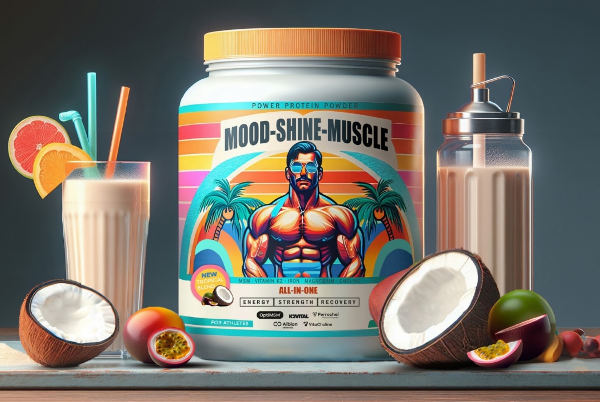 Mood Shine Muscle New Product Concept New product concept Protein powder, fruits, smoothies; vibrant tropical label.