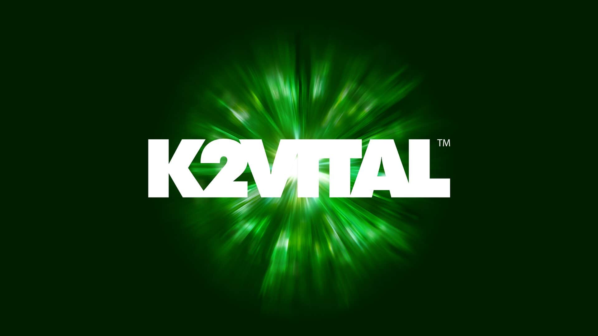 Text K2VITAL™ with bright green rays on dark green.