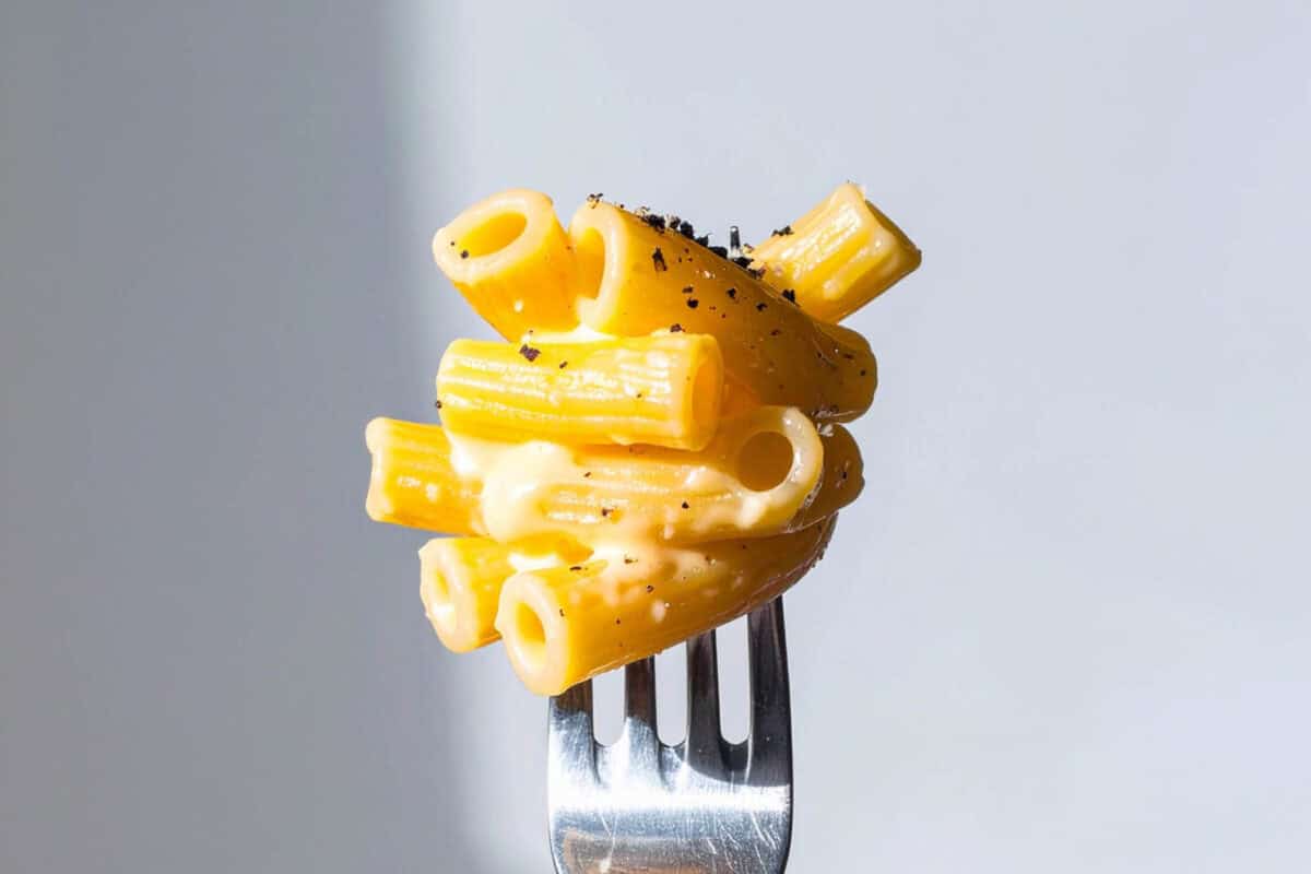Image of cheese pasta on a fork