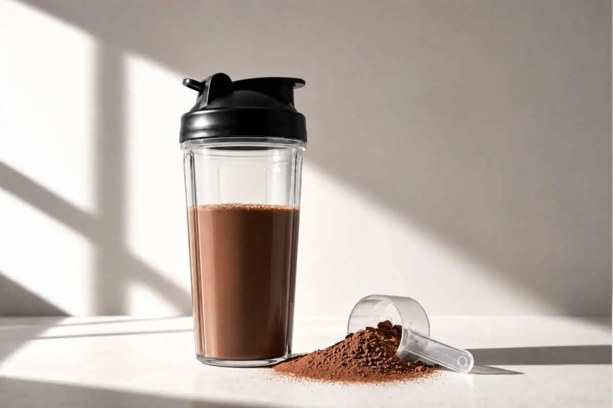 image of chocolate diary protein powder in a scoop next to a shaker bottle