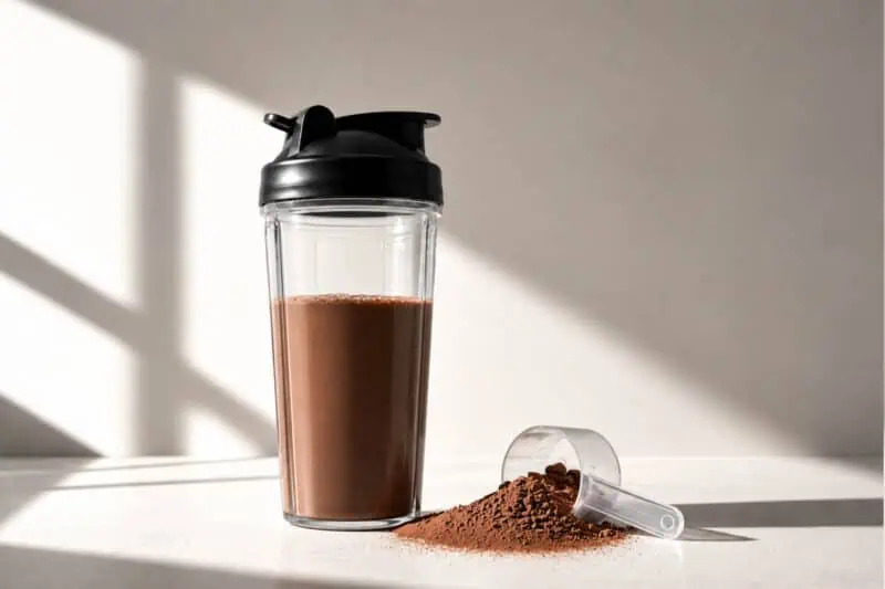 image of chocolate diary protein powder in a scoop next to a shaker bottle