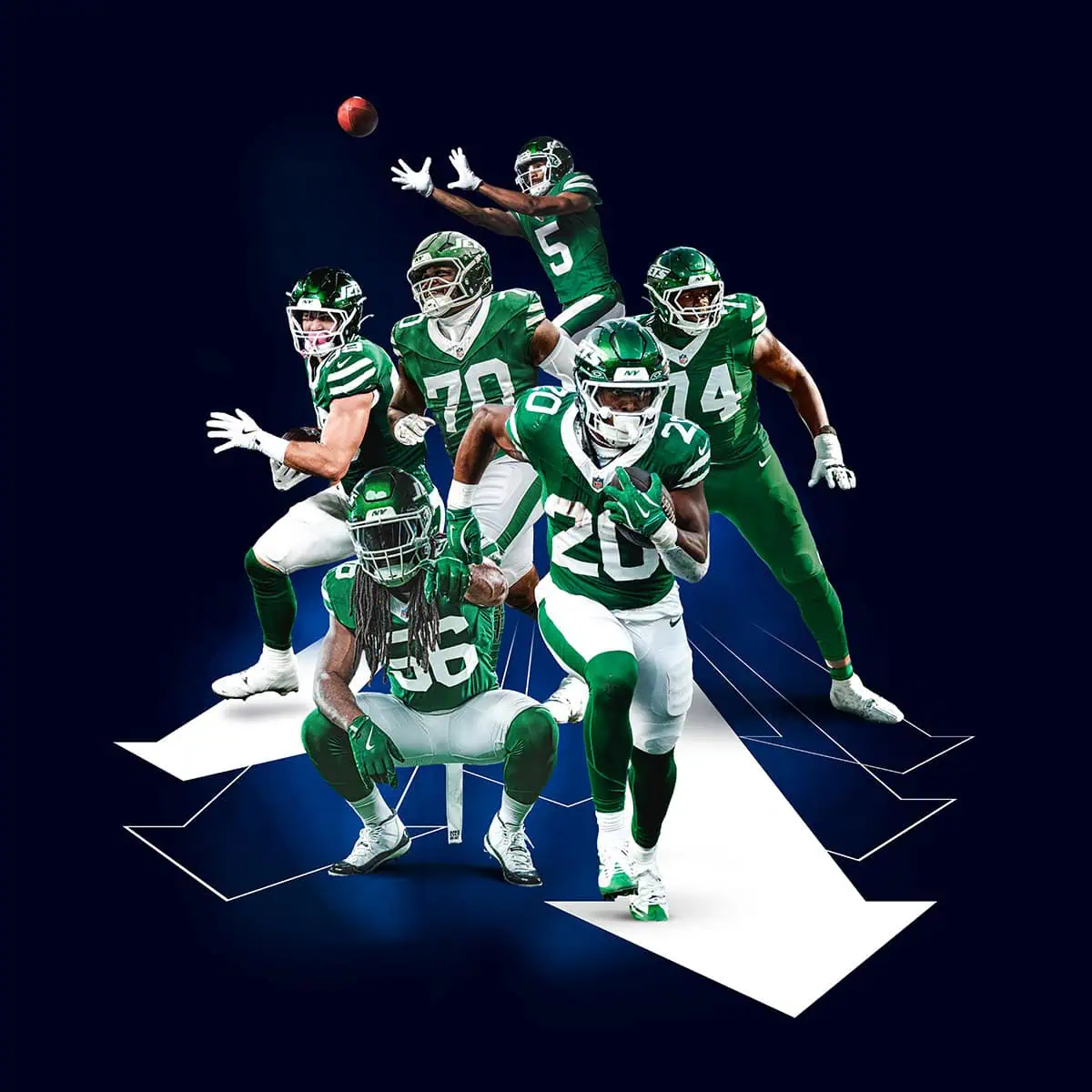 Jets 2026 Header with players on a white arrow facing the viewer