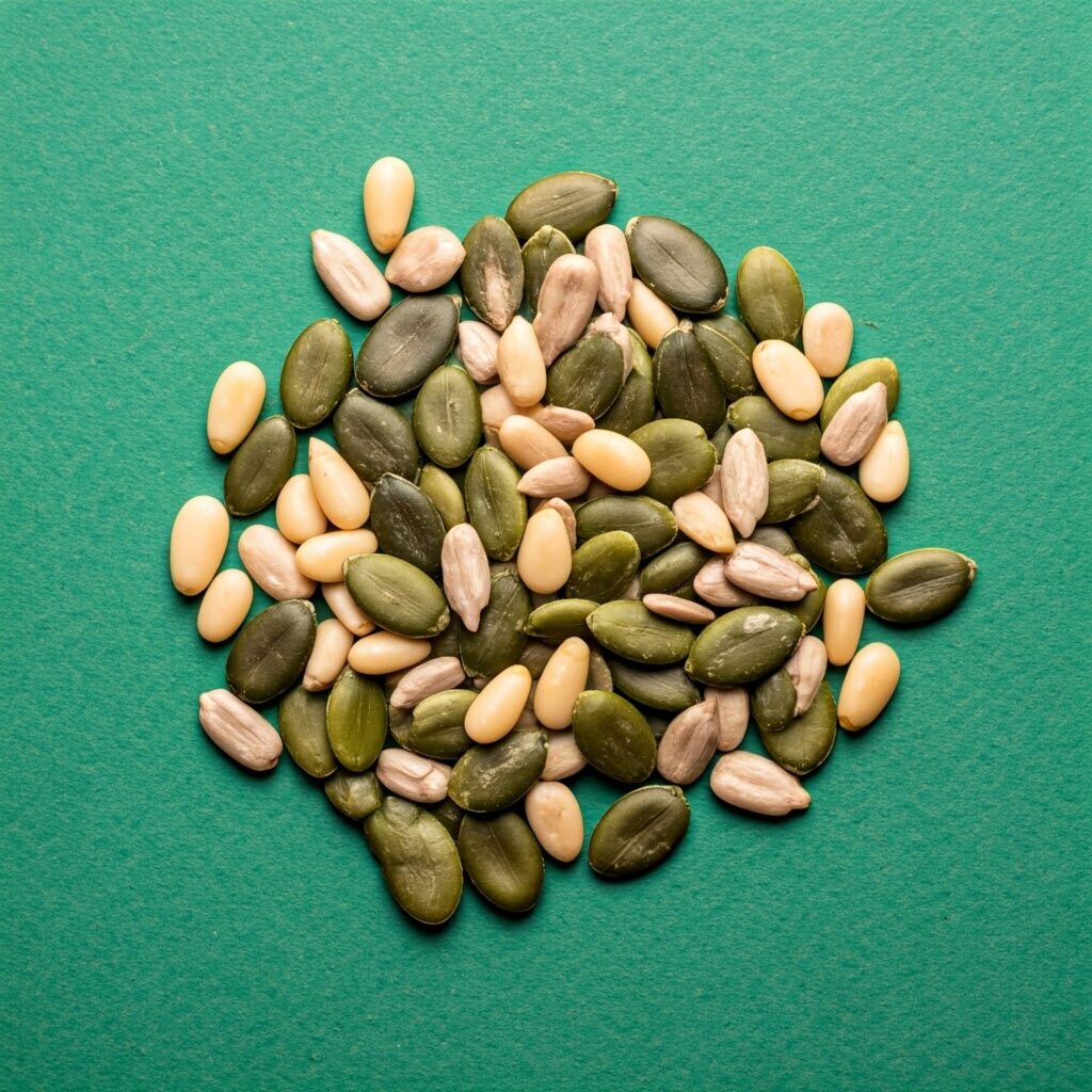 Seeds in circular pattern on green background.