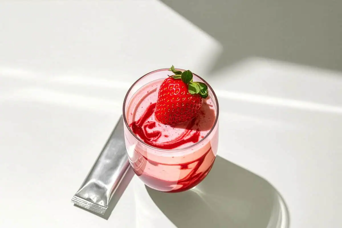 image of a strawberry milkshake that is ready-to-mix with a pouch