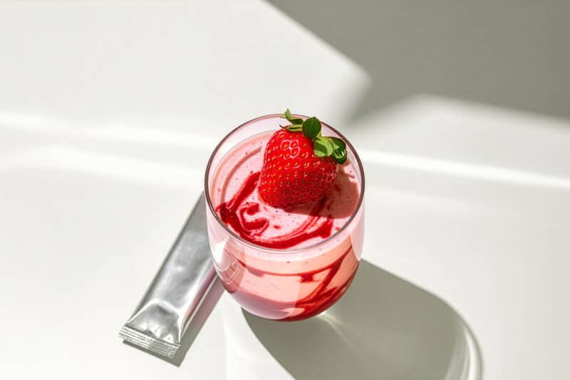 image of a strawberry milkshake that is ready-to-mix with a pouch