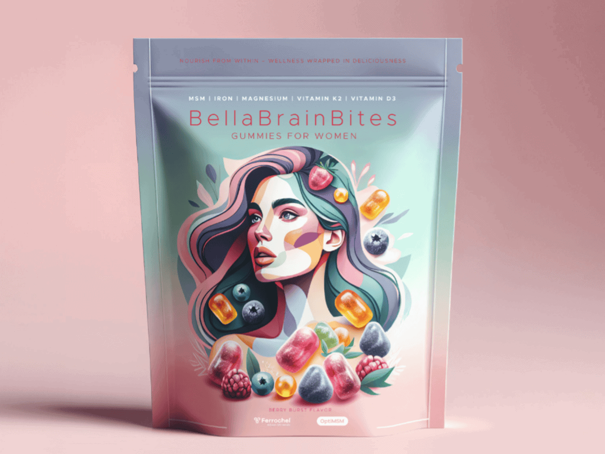 Healthforperformanceproduct1200x900 BellaBrainBites gummies package with fruits and portrait.