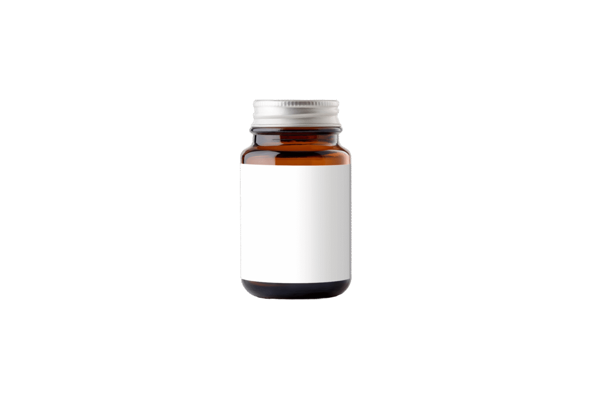 Supplements bottle with a white label