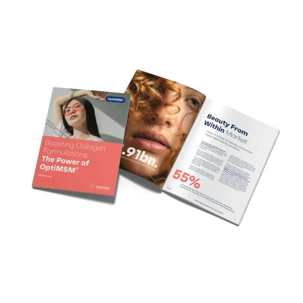 OptiMSM brochure and research publication highlighting msm and collagen, can i take msm and collagen together, collagen research, beauty nutrition, skin health, and collagen formulation science.