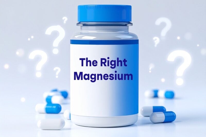 Text Reading, " The Right Magnesium" bottle with pill capsules
