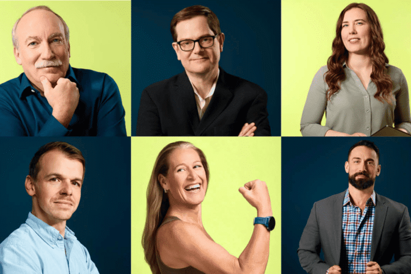 A collage of six individuals with their faces blurred, representing diverse styles and roles. The original layout features a top row with a person in a blue shirt, a person in a black suit, and a person holding a book. The bottom row includes a casually dressed individual, an athletic person flexing their arm, and a person in a gray blazer.