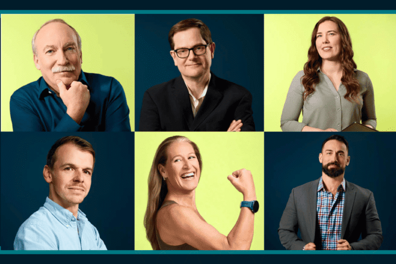 A collage of six individuals with their faces blurred, representing diverse styles and roles. The original layout features a top row with a person in a blue shirt, a person in a black suit, and a person holding a book. The bottom row includes a casually dressed individual, an athletic person flexing their arm, and a person in a gray blazer.