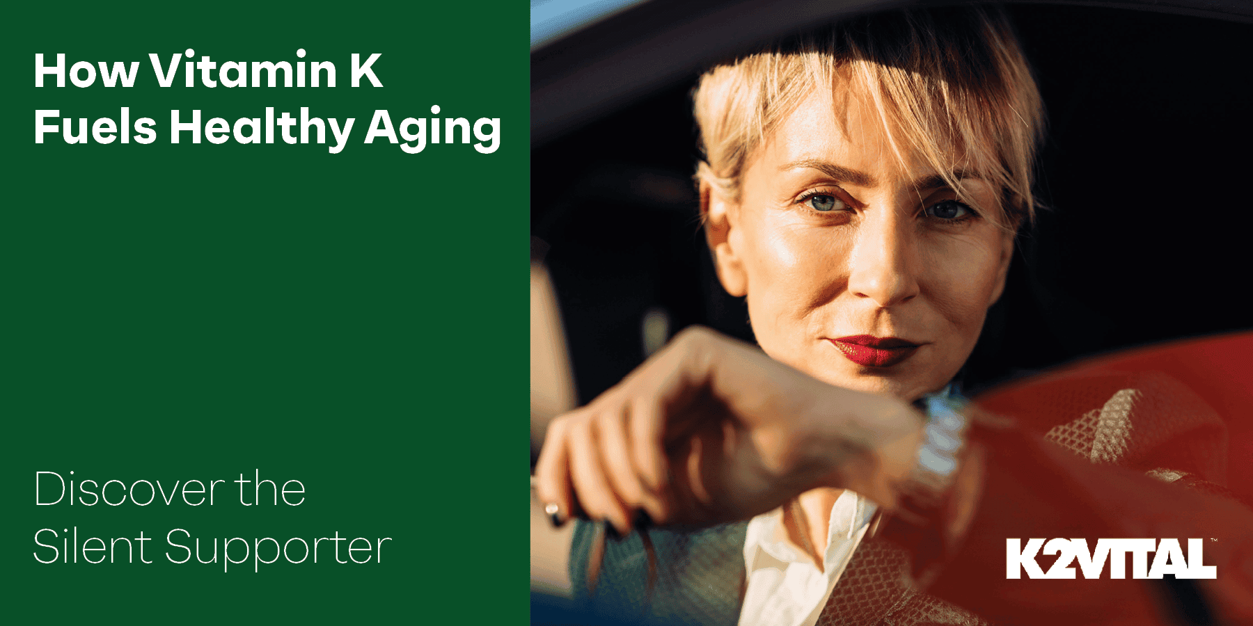 How Vitamin K fuels healthy aging, discover the silent supporter, woman sitting in a car