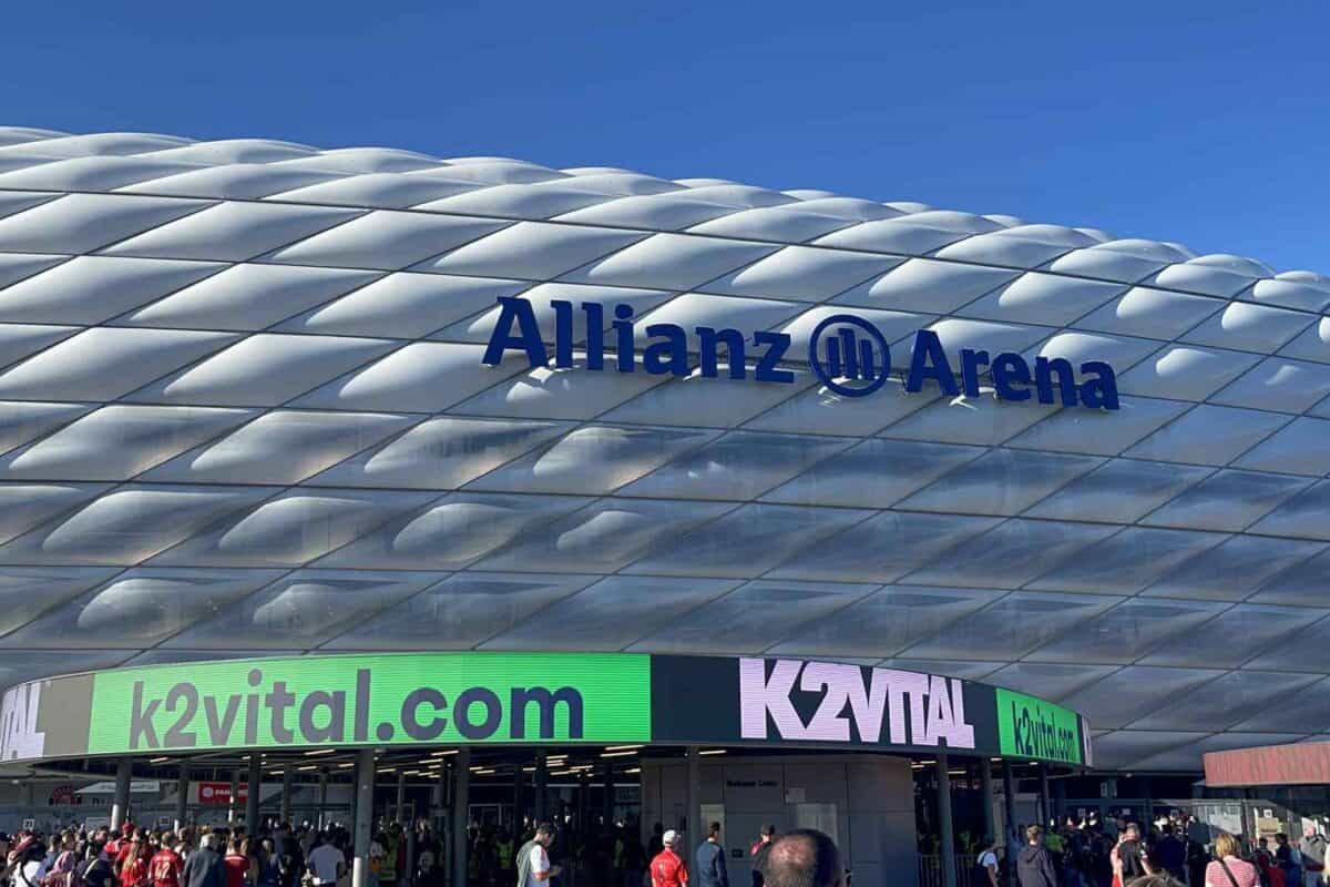 Image of the entrance of Allianz Arena with K2VITAL signage and logo