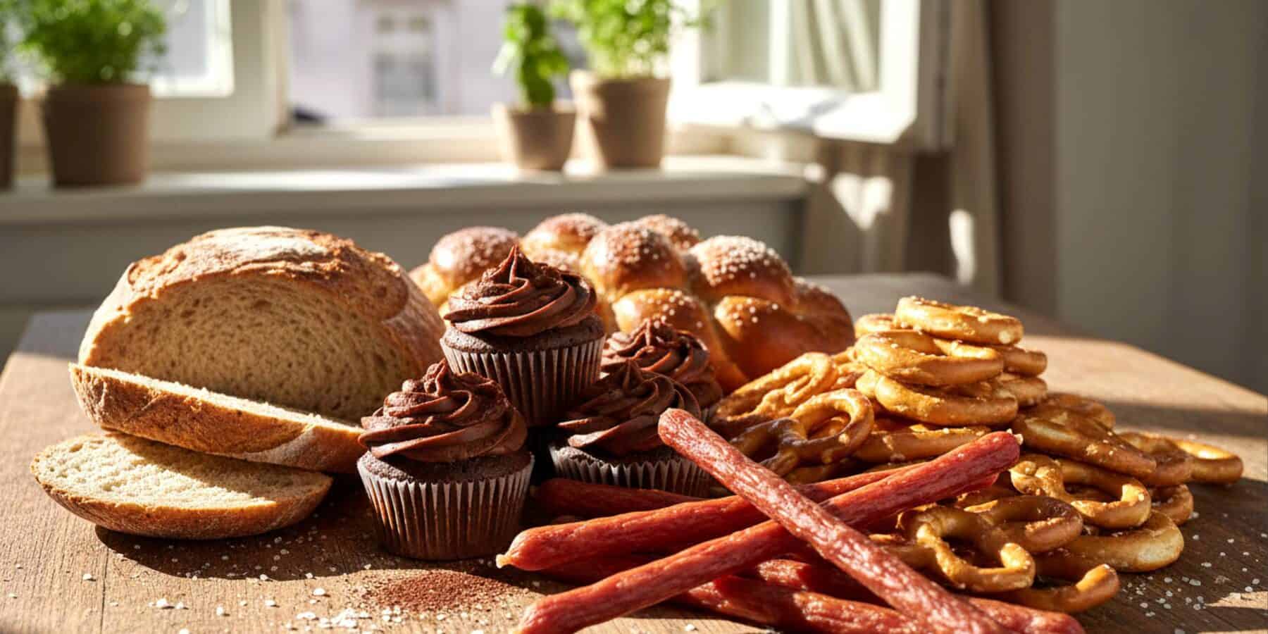 Image of a platter of microencapsulated food with bread, cakes, meat sticks.