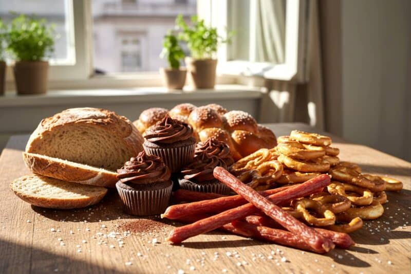 Image of a platter of microencapsulated food with bread, cakes, meat sticks.