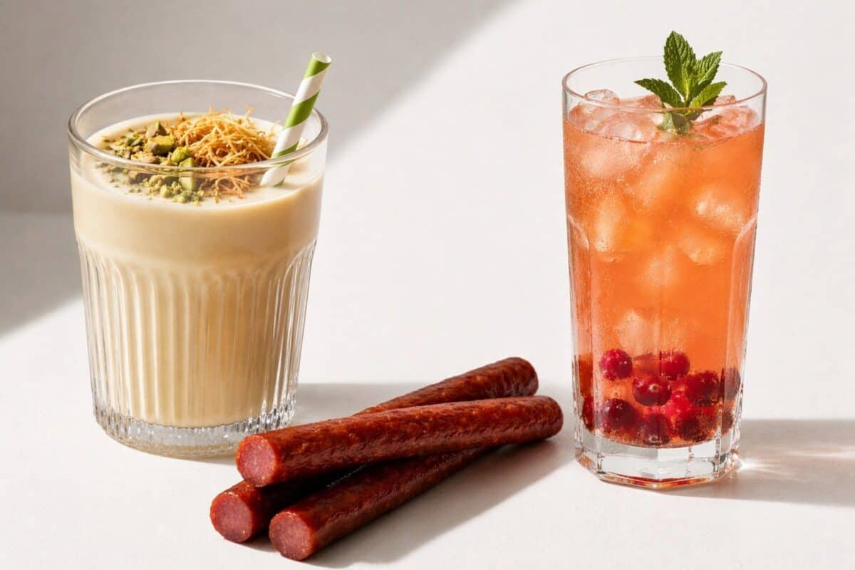 image of meat sticks, juice, and a smoothie
