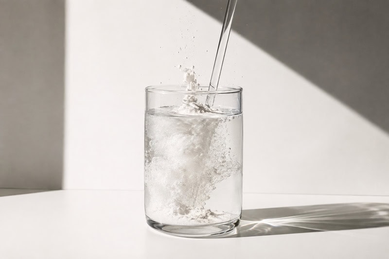 Powder dispersing into a glass of water